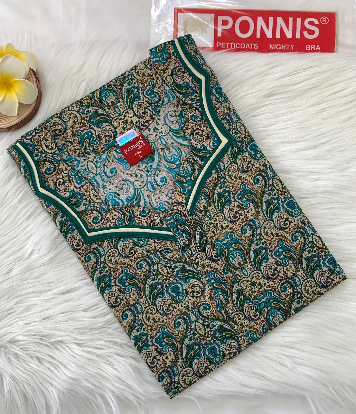 PONNIS Premium Cotton A-line Nighty with Front Zip and Floral design (Ruby)/121