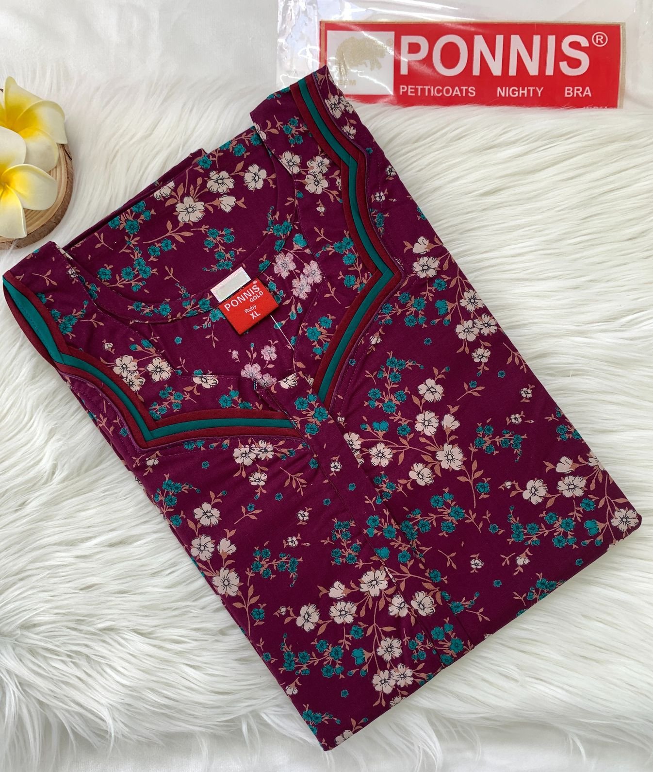 PONNIS Premium Cotton A-line Nighty with Front Zip and Floral design (Ruby)/123 - Image 2