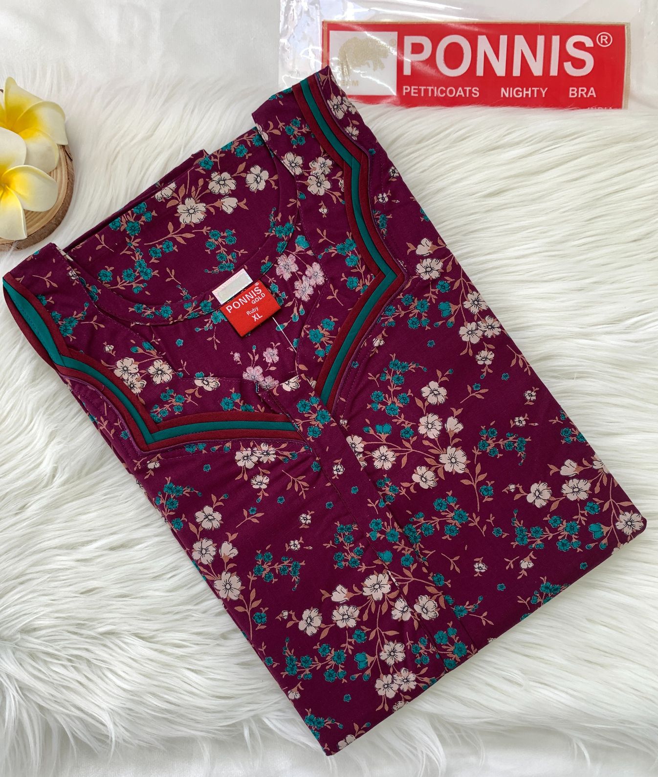 PONNIS Premium Cotton A-line Nighty with Front Zip and Floral design (Ruby)/123