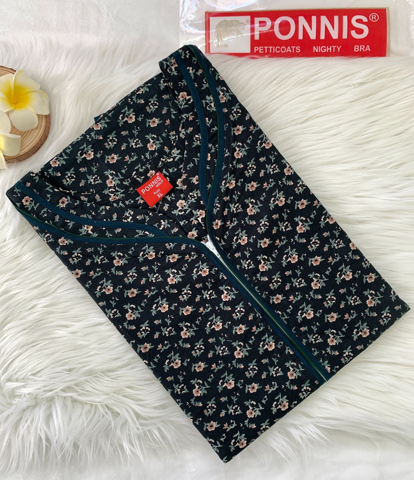 PONNIS Premium Cotton A-line Nighty with Front Zip and Floral design (Ruby)/124