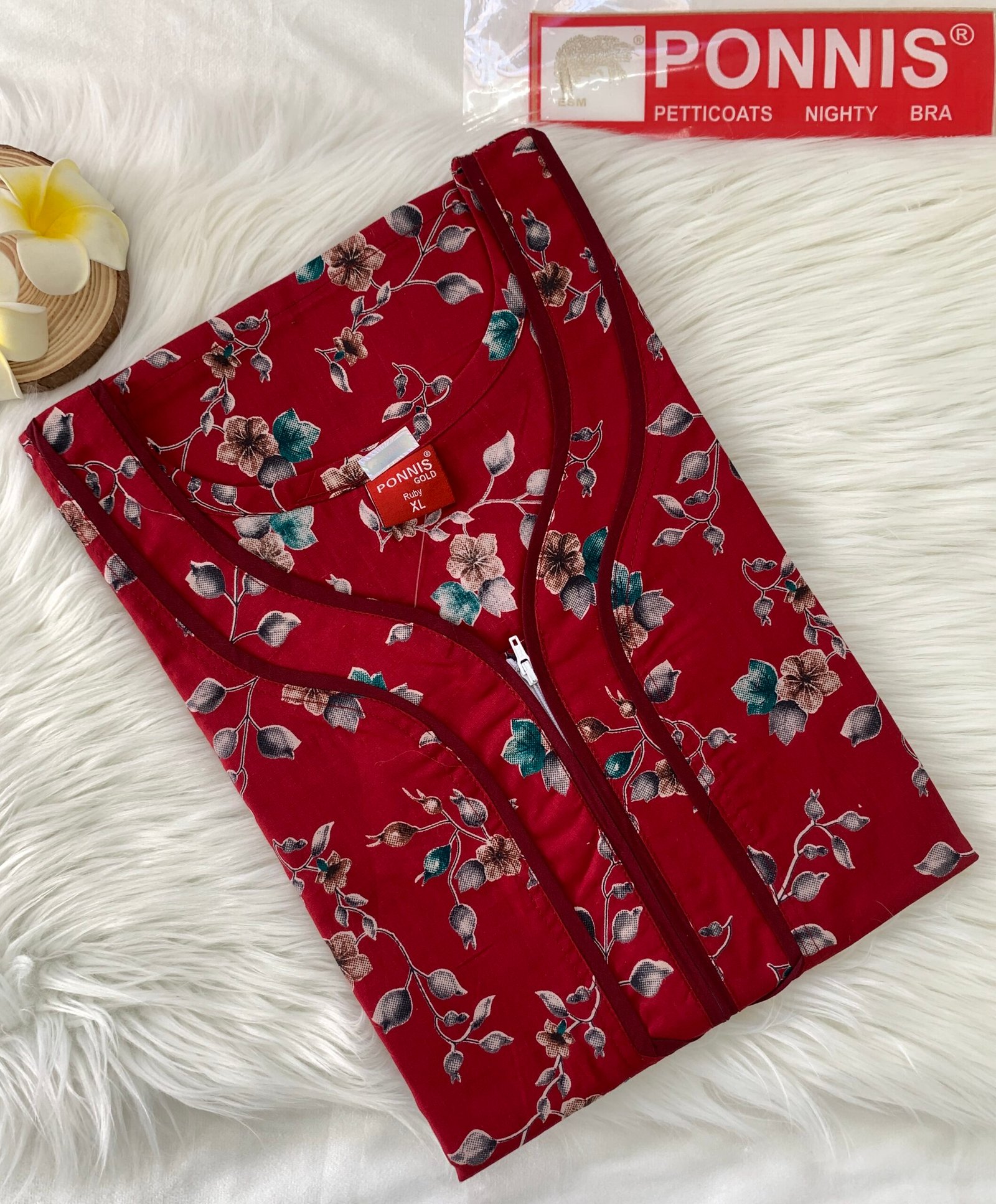 PONNIS Premium Cotton A-line Nighty with Front Zip and Floral design (Ruby)/127 - Image 2