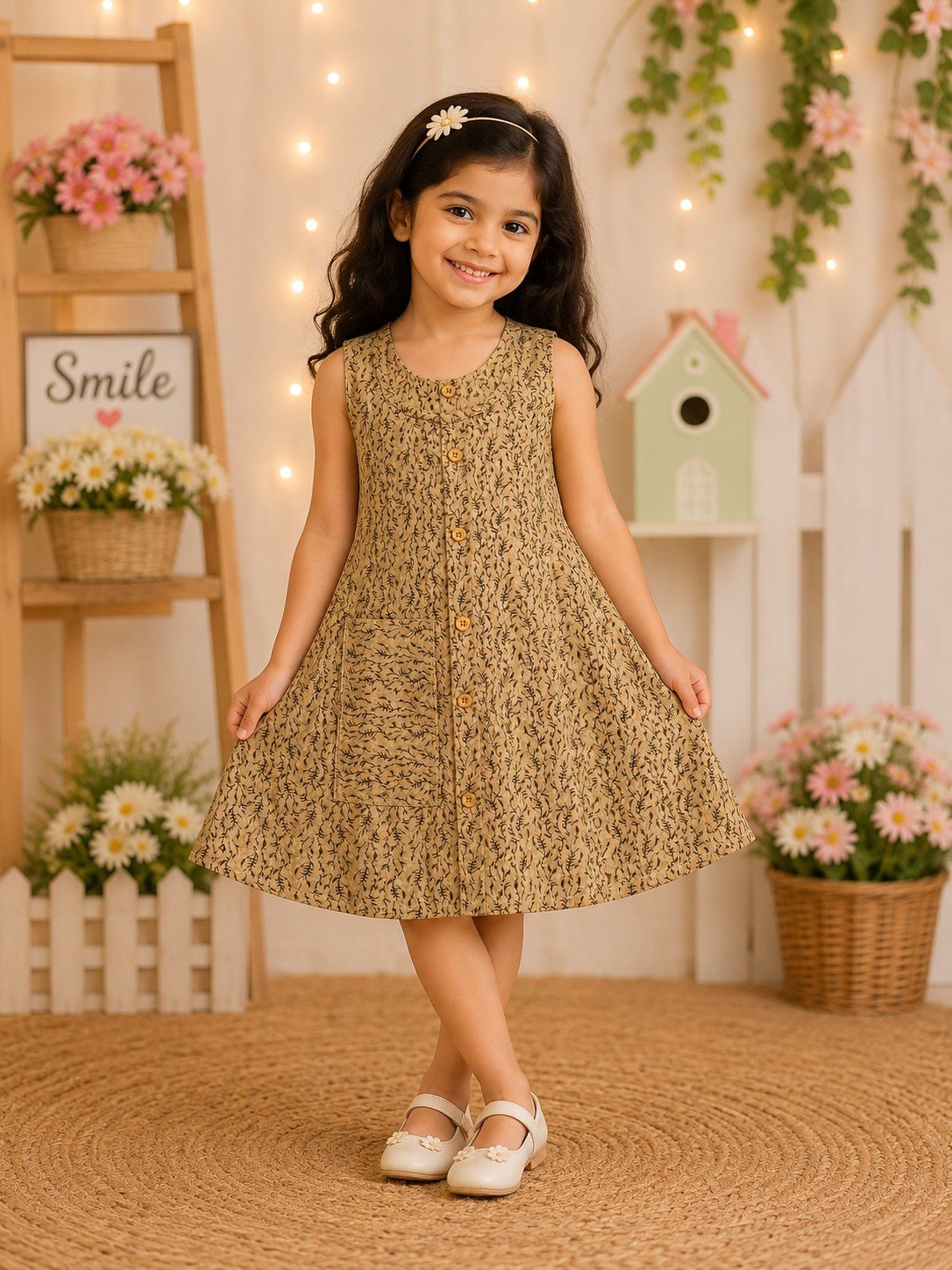 PONNIS Premium Cotton Kids Frock Floral Printed Design With Pocket/KF-14