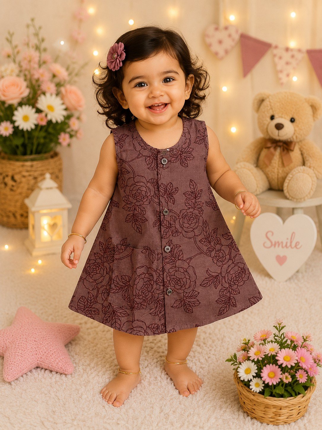 PONNIS Premium Cotton Kids Frock Floral Printed Design With Pocket/KF-11