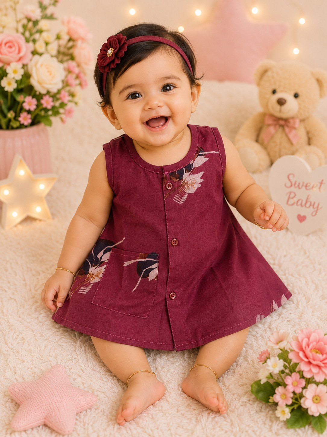 PONNIS Premium Alphine Kids Frock Floral Printed Design With Pocket/KF-05