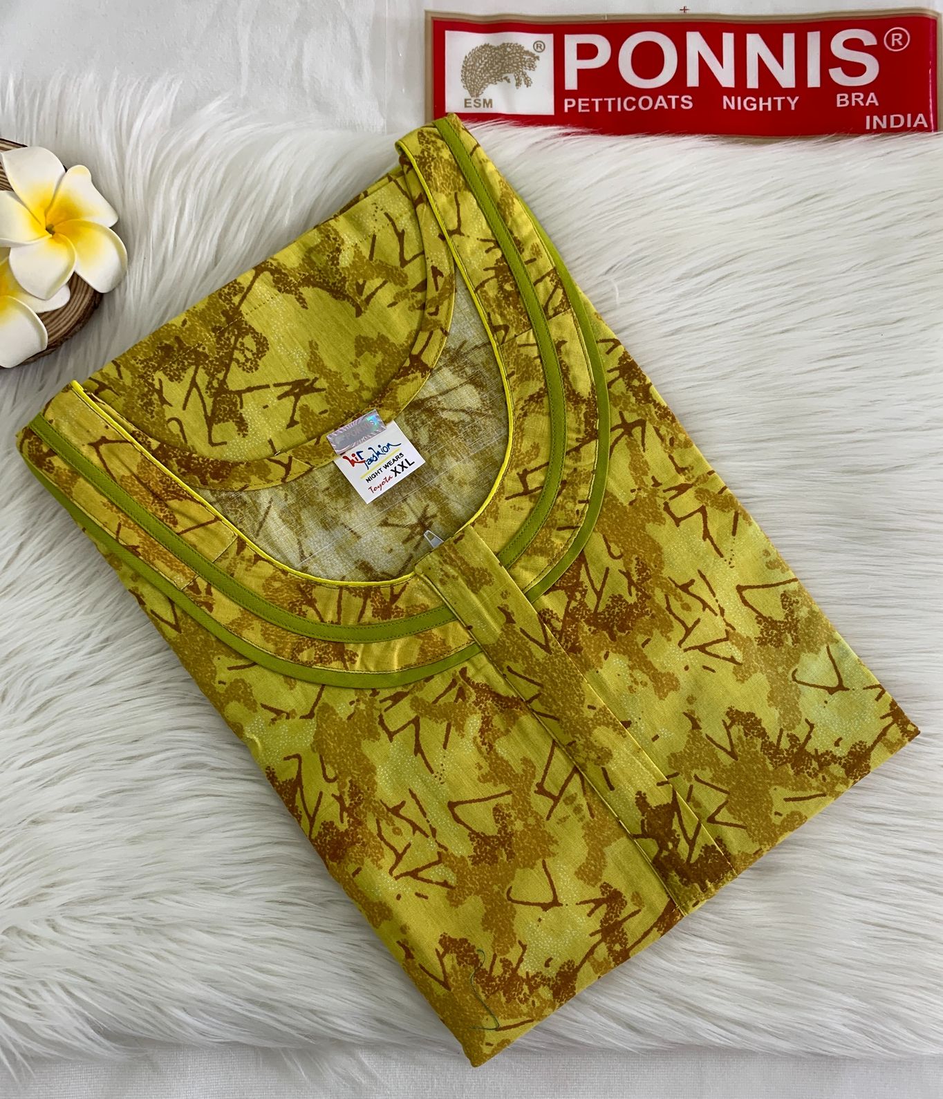 PONNIS Women’s Cotton A-line Printed Detailing Nighty with Lace and Front Zip inside Mobile Pocket (Toyota)/600