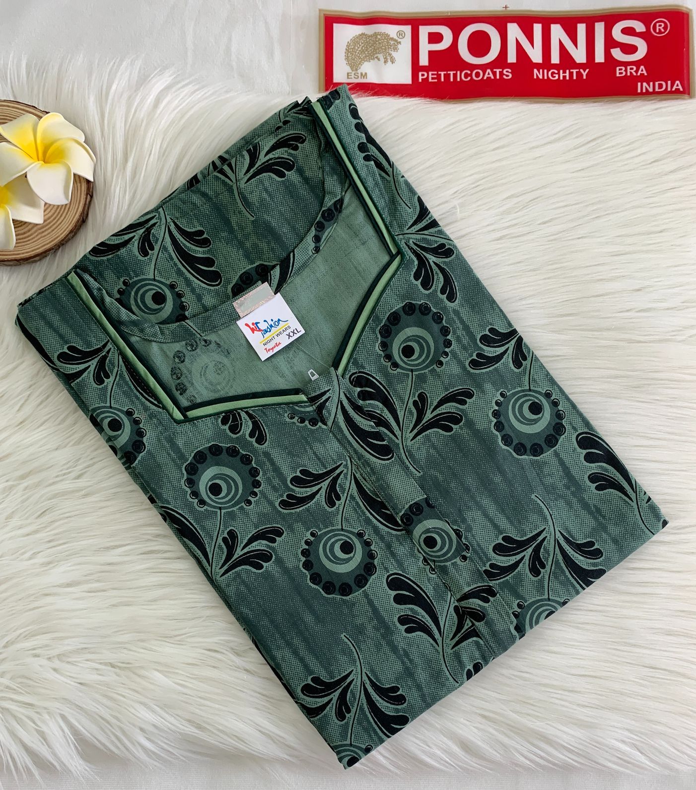PONNIS Women’s Cotton A-line Printed Detailing Nighty with Lace and Front Zip inside Mobile Pocket (Toyota)/602