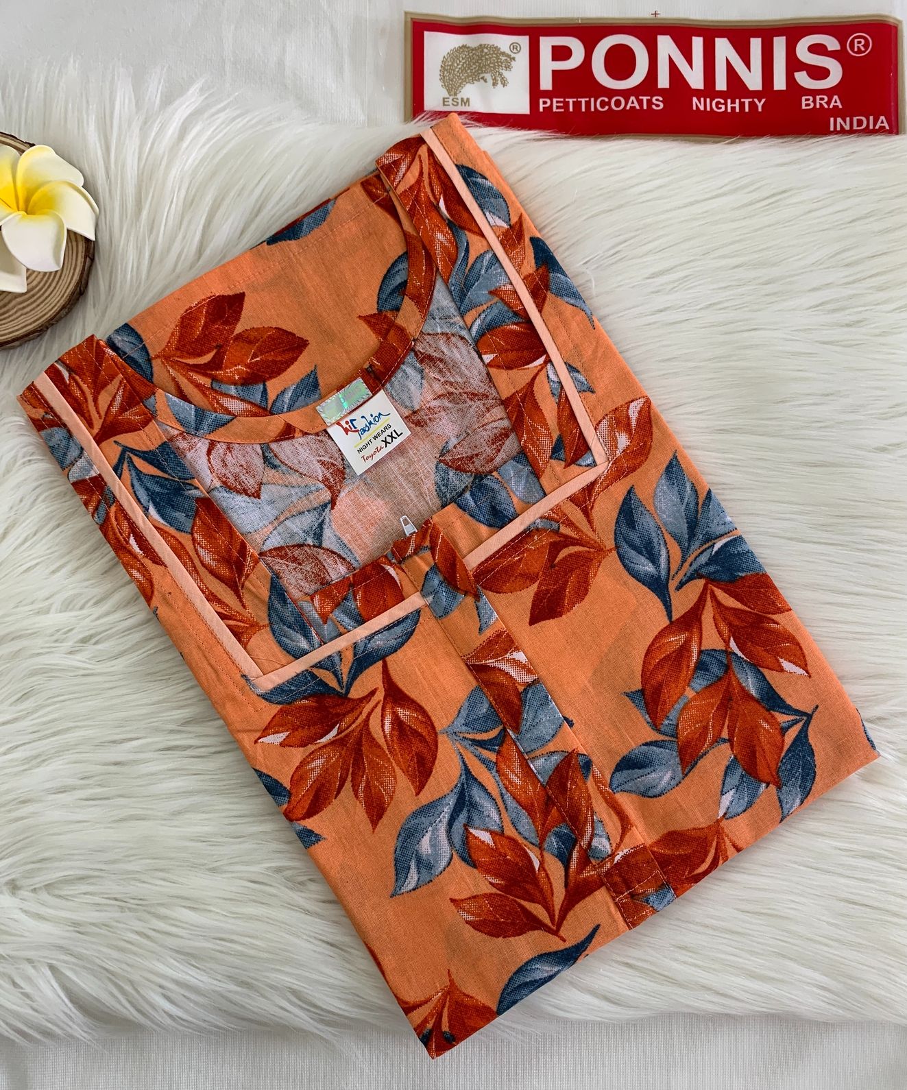 PONNIS Women’s Cotton A-line Printed Detailing Nighty with Lace and Front Zip inside Mobile Pocket (Toyota)/604