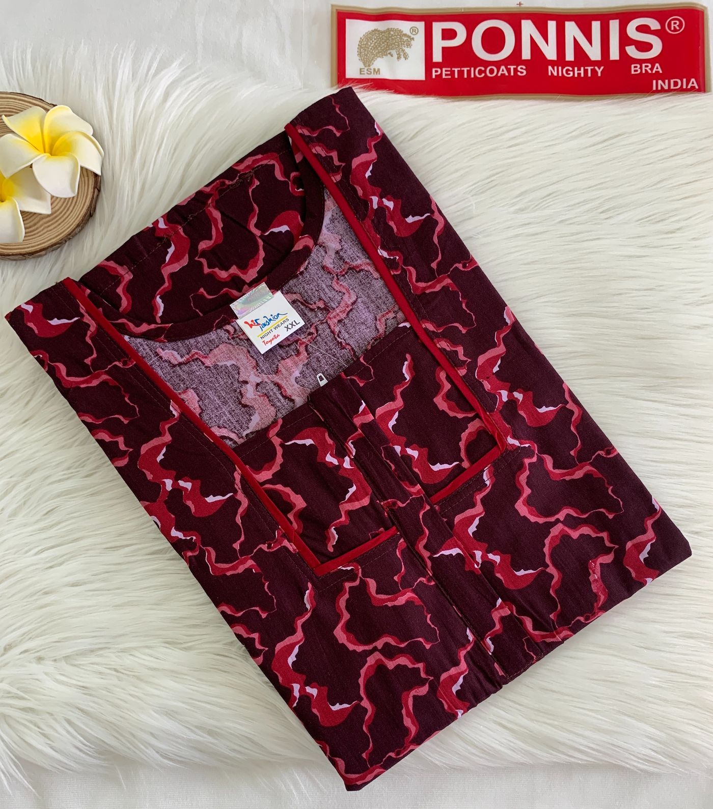 PONNIS Women’s Cotton A-line Printed Detailing Nighty with Lace and Front Zip inside Mobile Pocket (Toyota)/605