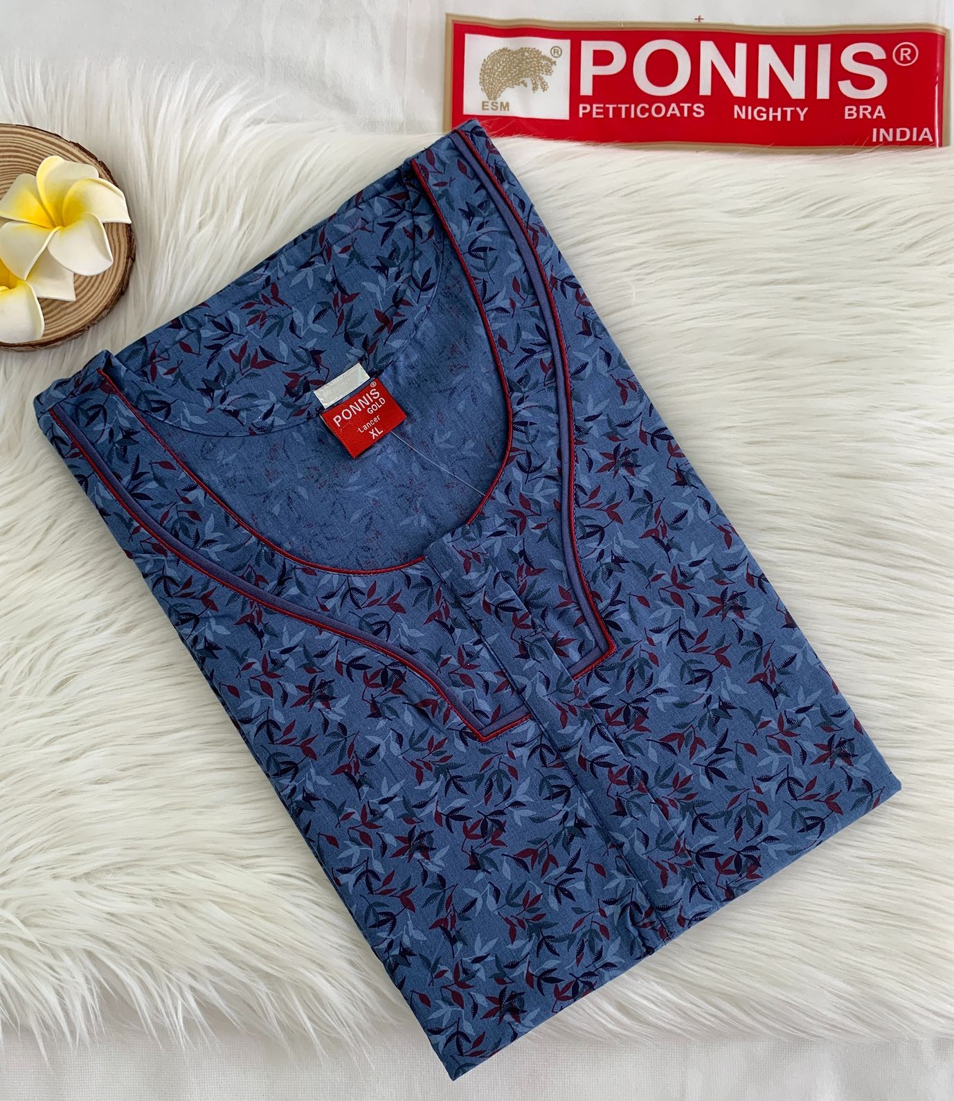 PONNIS Women’s Cotton A-line Printed Detailing Nighty with Lace and Front Zip inside Mobile Pocket (Lancer)/207