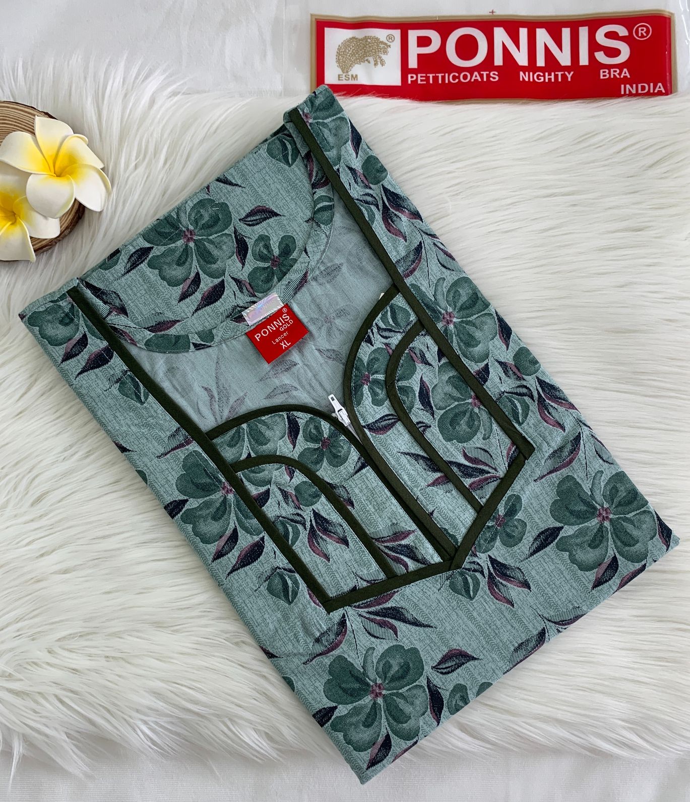 PONNIS Women’s Cotton A-line Printed Detailing Nighty with Lace and Front Zip inside Mobile Pocket (Lancer)/209