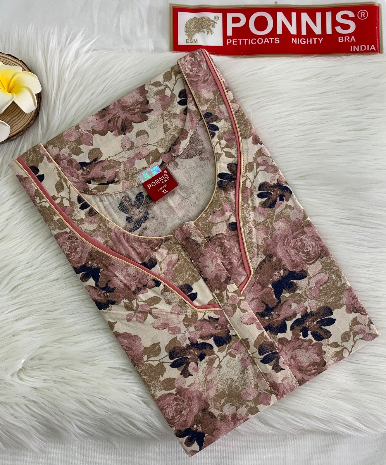 PONNIS Women’s Cotton A-line Printed Detailing Nighty with Lace and Front Zip inside Mobile Pocket (Lancer)/212