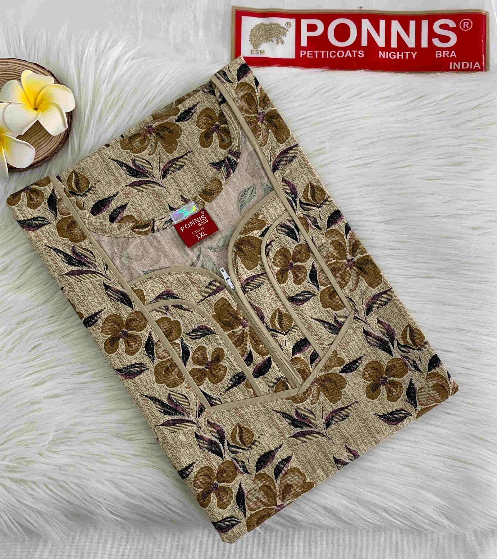 PONNIS Women’s Cotton A-line Printed Detailing Nighty with Lace and Front Zip inside Mobile Pocket (Lancer)/215