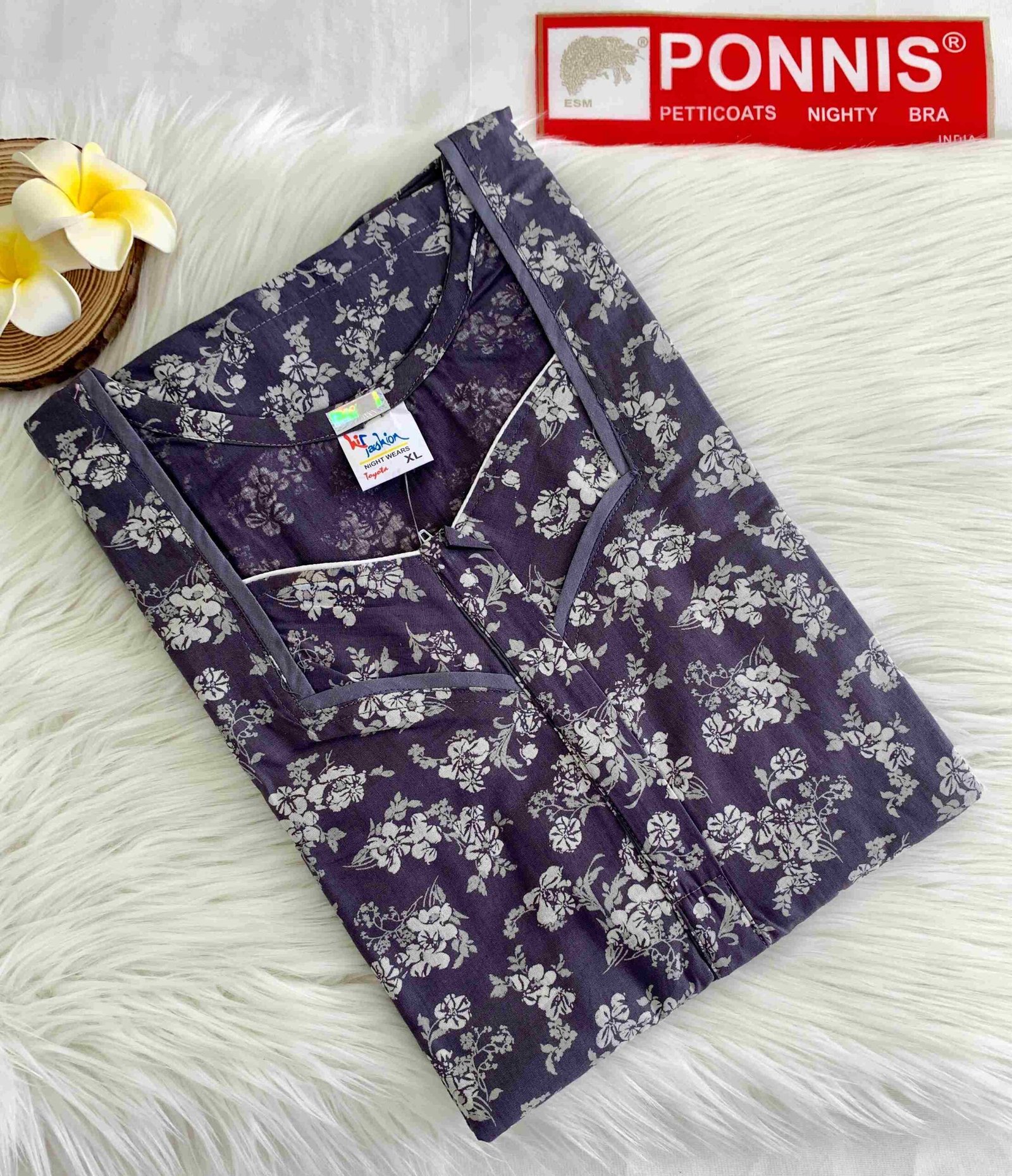 PONNIS Women’s Cotton A-line Printed Detailing Nighty with Lace and Front Zip inside Mobile Pocket (Toyota)/706