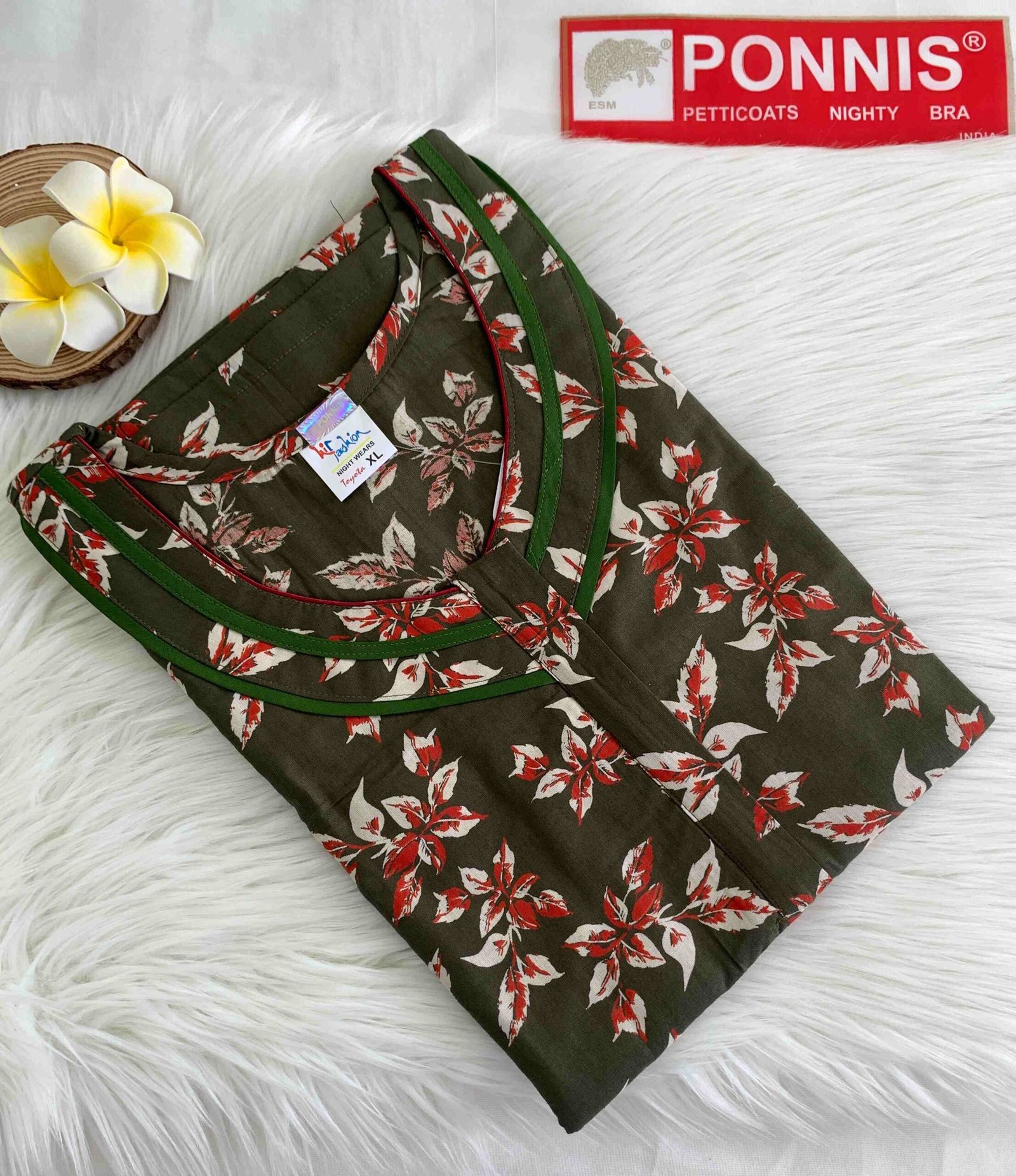 PONNIS Women’s Cotton A-line Printed Detailing Nighty with Lace and Front Zip inside Mobile Pocket (Toyota)/707