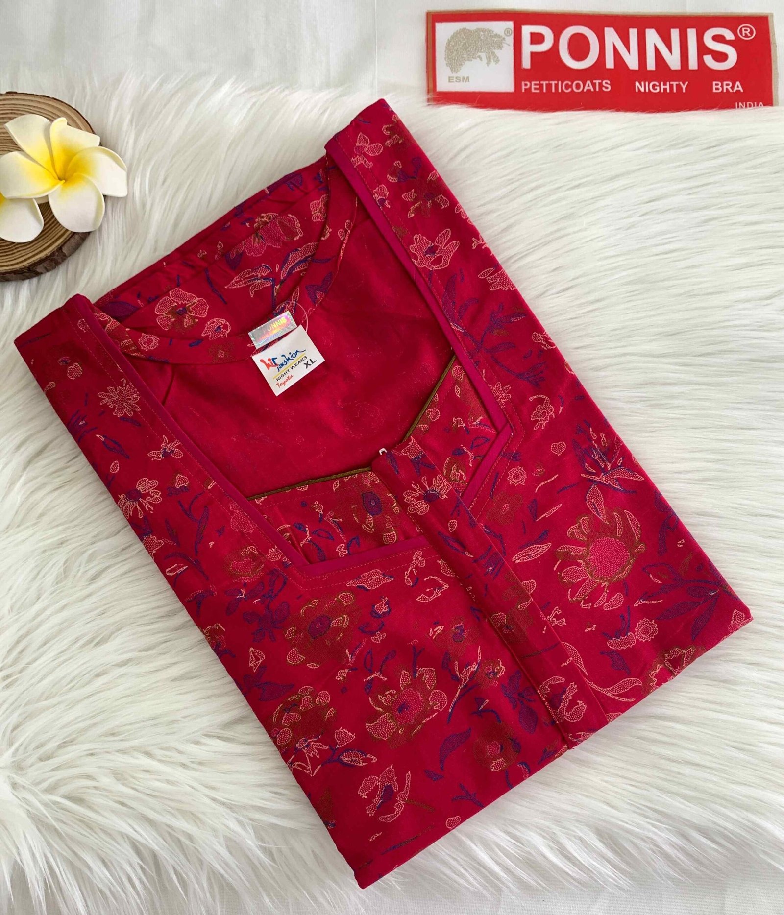 PONNIS Women’s Cotton A-line Printed Detailing Nighty with Lace and Front Zip inside Mobile Pocket (Toyota)/742
