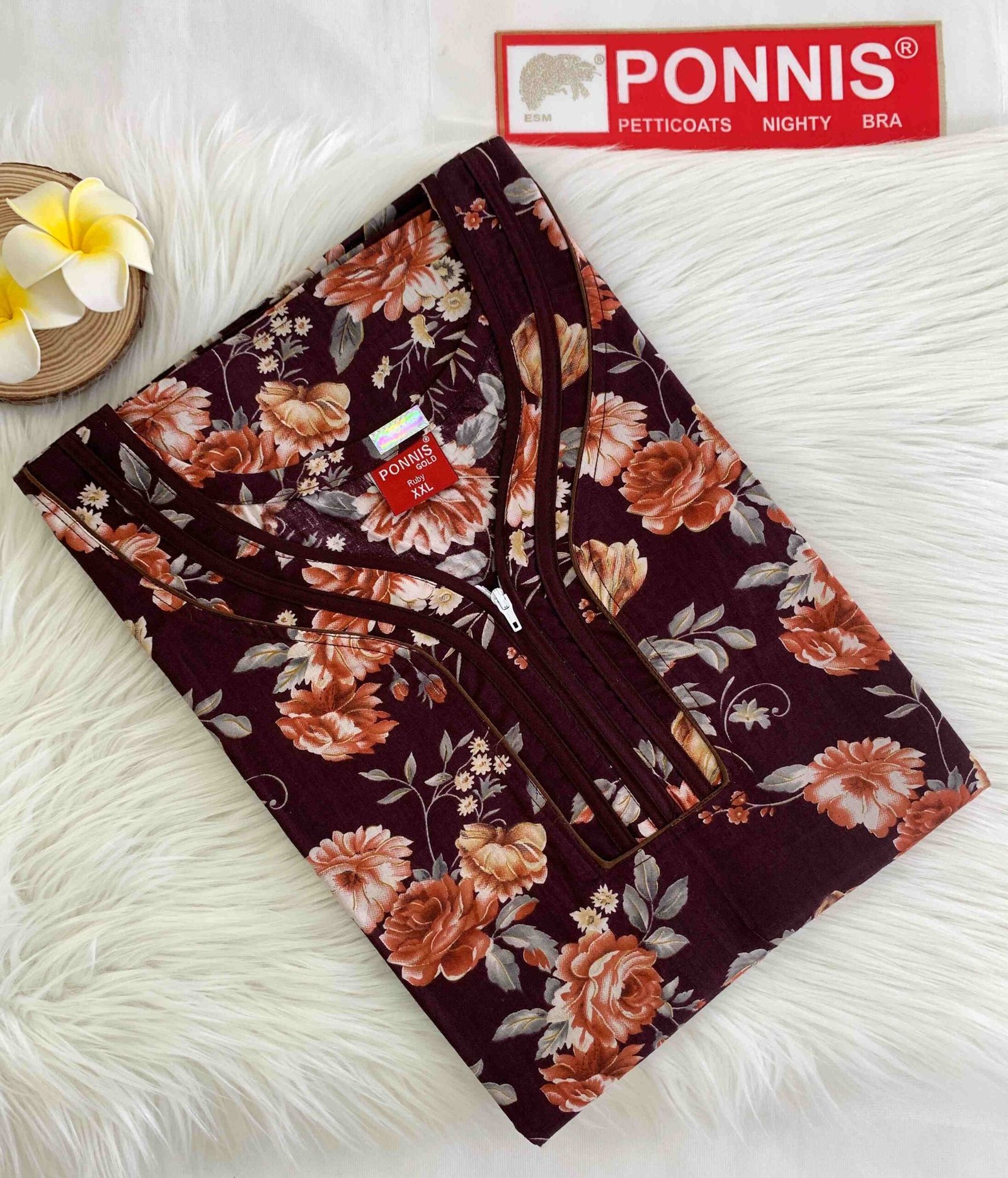 PONNIS Premium Cotton A-line Nighty with Front Zip and Floral design (Ruby)/143 - Image 2