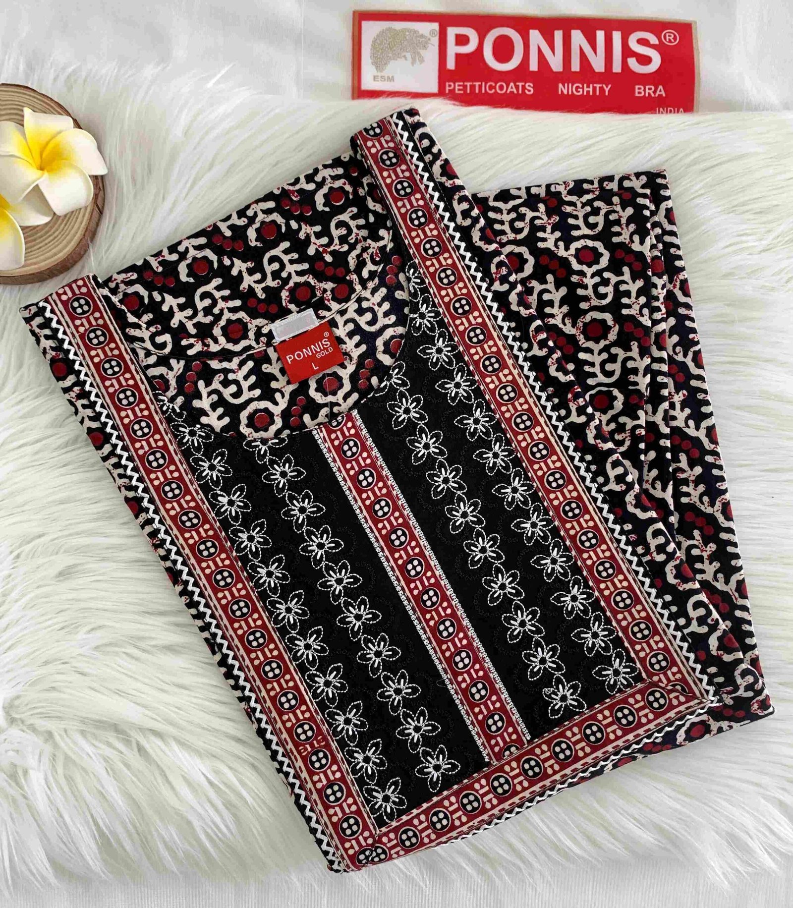 PONNIS Premium Cotton Embroidery Nighty With Floral Design (Loom Lace)/1106