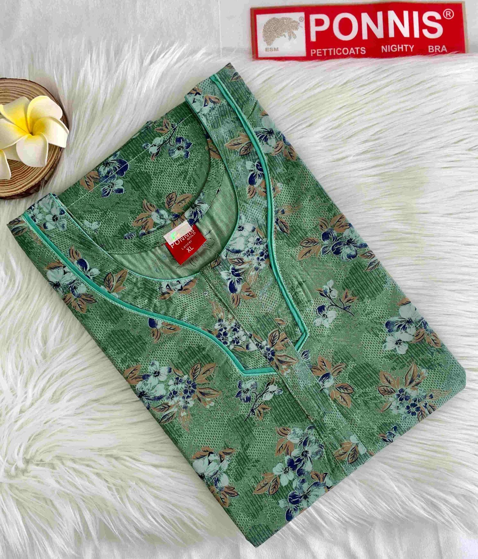 PONNIS Women’s Cotton A-line Printed Detailing Nighty with Lace and Front Zip inside Mobile Pocket (Lancer)/223