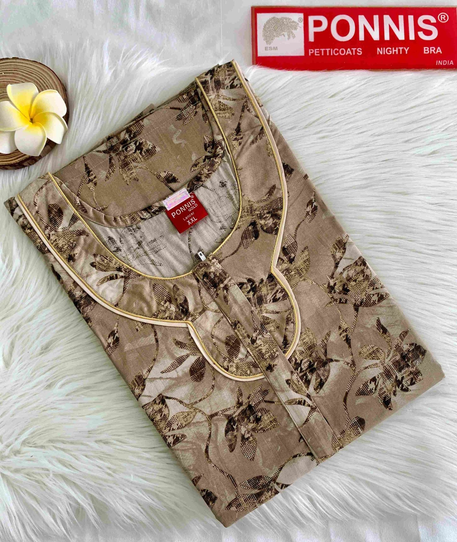 PONNIS Women’s Cotton A-line Printed Detailing Nighty with Lace and Front Zip inside Mobile Pocket (Lancer)/229