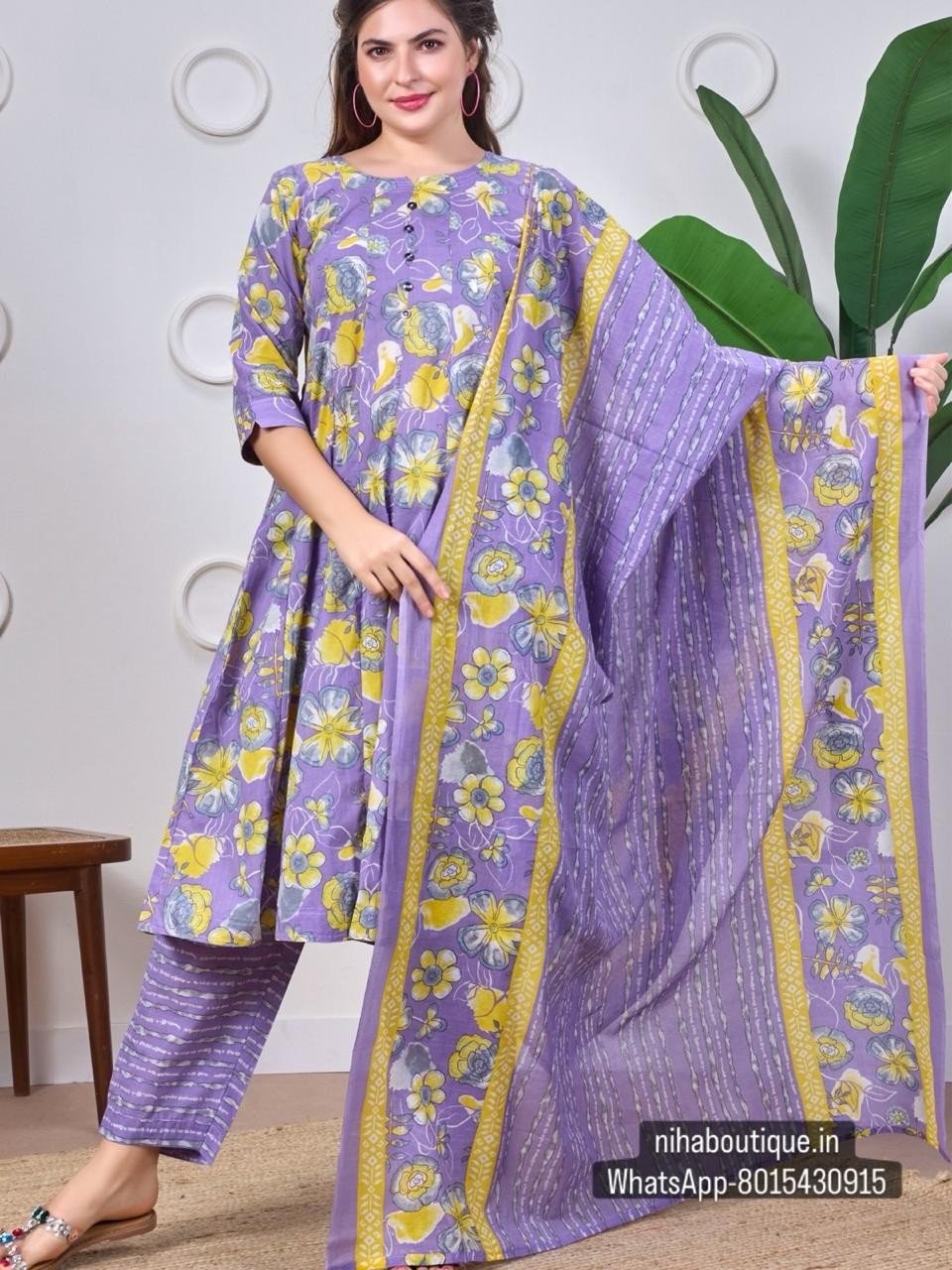 PONNIS Premium Mul-Mul Cotton Anarkali Salwar Set (3Pcs) with Bottom and Dupatta/739